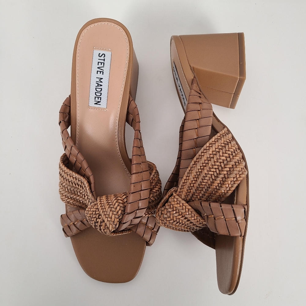 Steve Madden Decker Tan Neutral Nude Weave Woven Womens Slip-on Sandal Heels 7.5